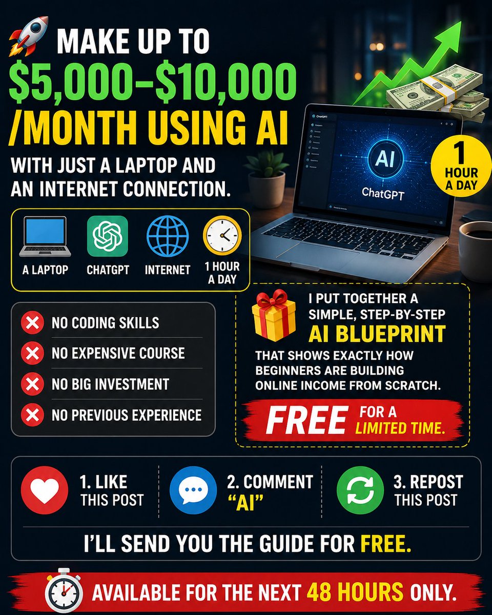 NadzuAI's tweet photo. 🚀 Make up to $5,000–$10,000/month using AI with just a laptop and an internet connection.

Here's what you need:

💻 A laptop
🤖 ChatGPT
🌐 Internet
⏰ Just 1 hour a day

❌ No coding skills
❌ No expensive course
❌ No big investment
❌ No previous experience

I put together a simple, step-by-step AI blueprint that shows exactly how beginners are building online income from scratch.

🎁 FREE for a limited time.

❤️ Like this post
💬 Comment "AI"
🔁 Repost

I'll send you the guide for FREE.

⏳ Available for the next 48 hours only.