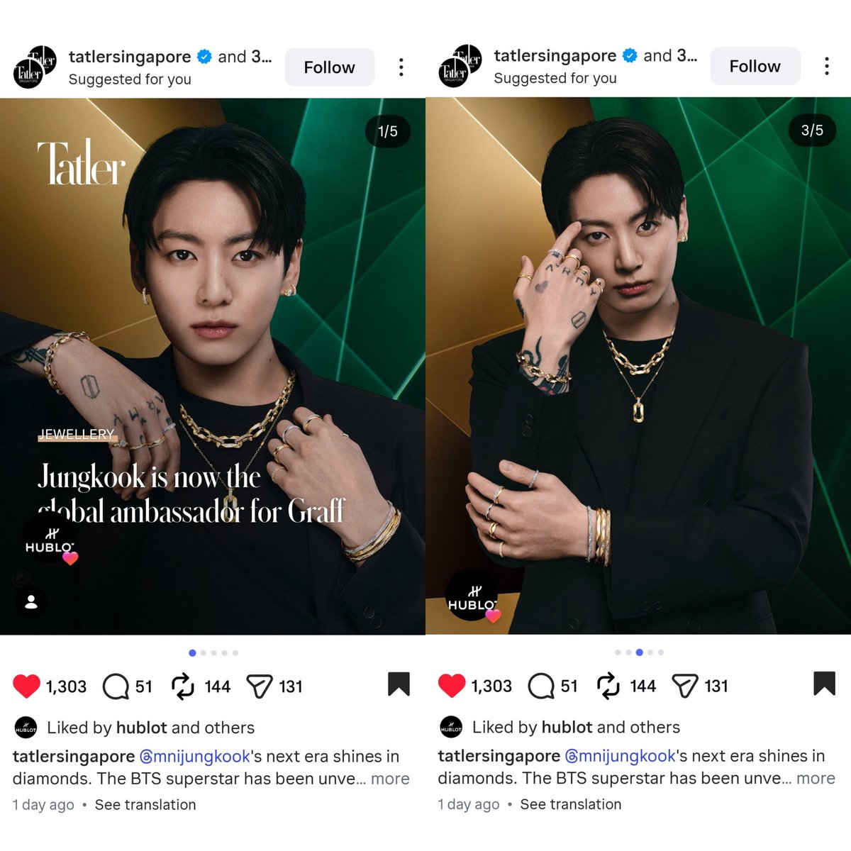 koosvixen's tweet photo. This is so cute omg 😭 Hublot liking a post announcing jk as graff's global ambassador,love to see how supportive jk's brands are to him https://t.co/qf046bfglG