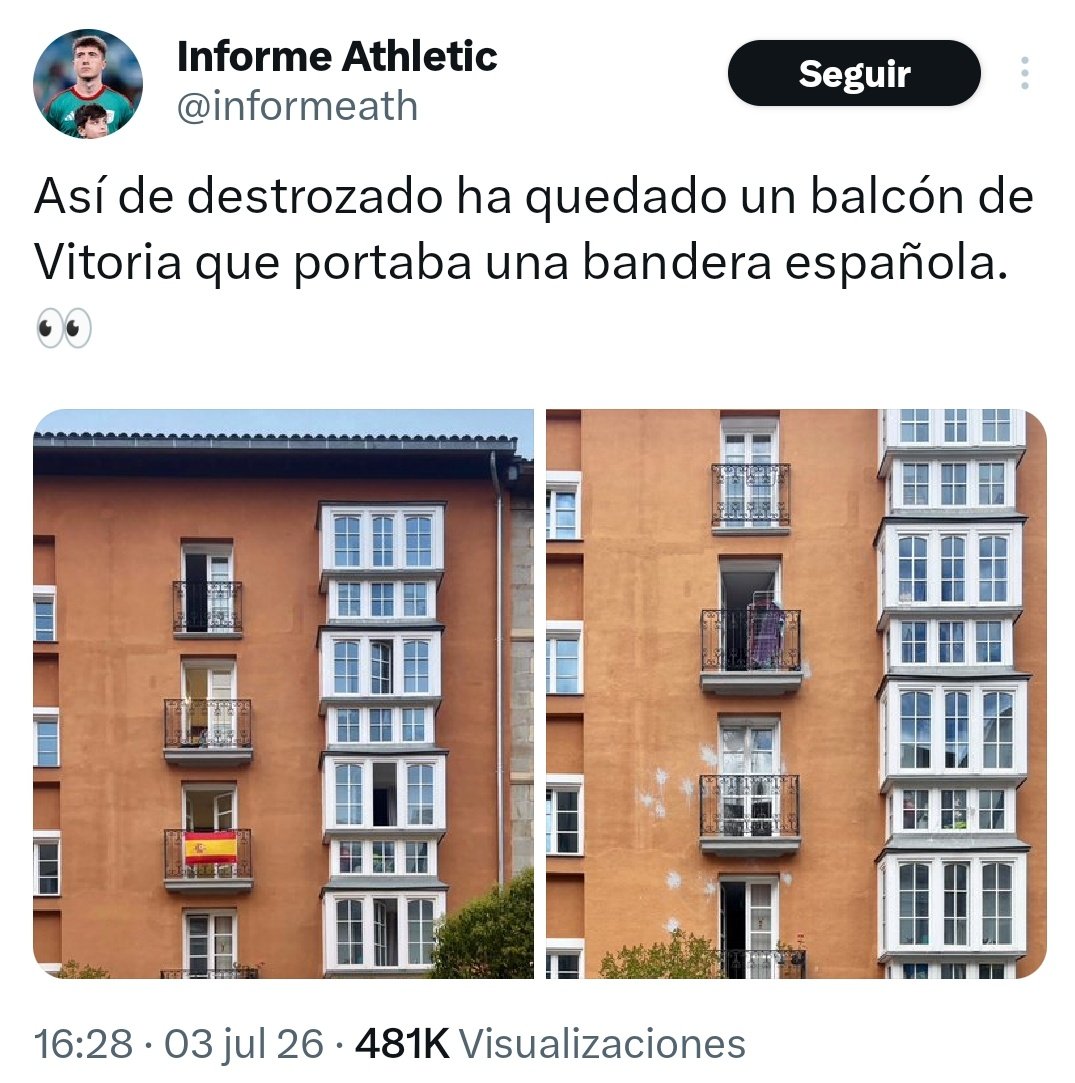 GuajeSalvaje's tweet photo. Basura bilduetarra presume de atacar una vivienda por mostrar la bandera nacional en Vitoria.

La misma escoria que agrede en jauría a un hombre por llevar la camiseta de la Selección.

Pero esos valientes gudaris de Otegi dejan que los "nuevos vascos" les roben, violen, okupen. https://t.co/k3Mzprurag