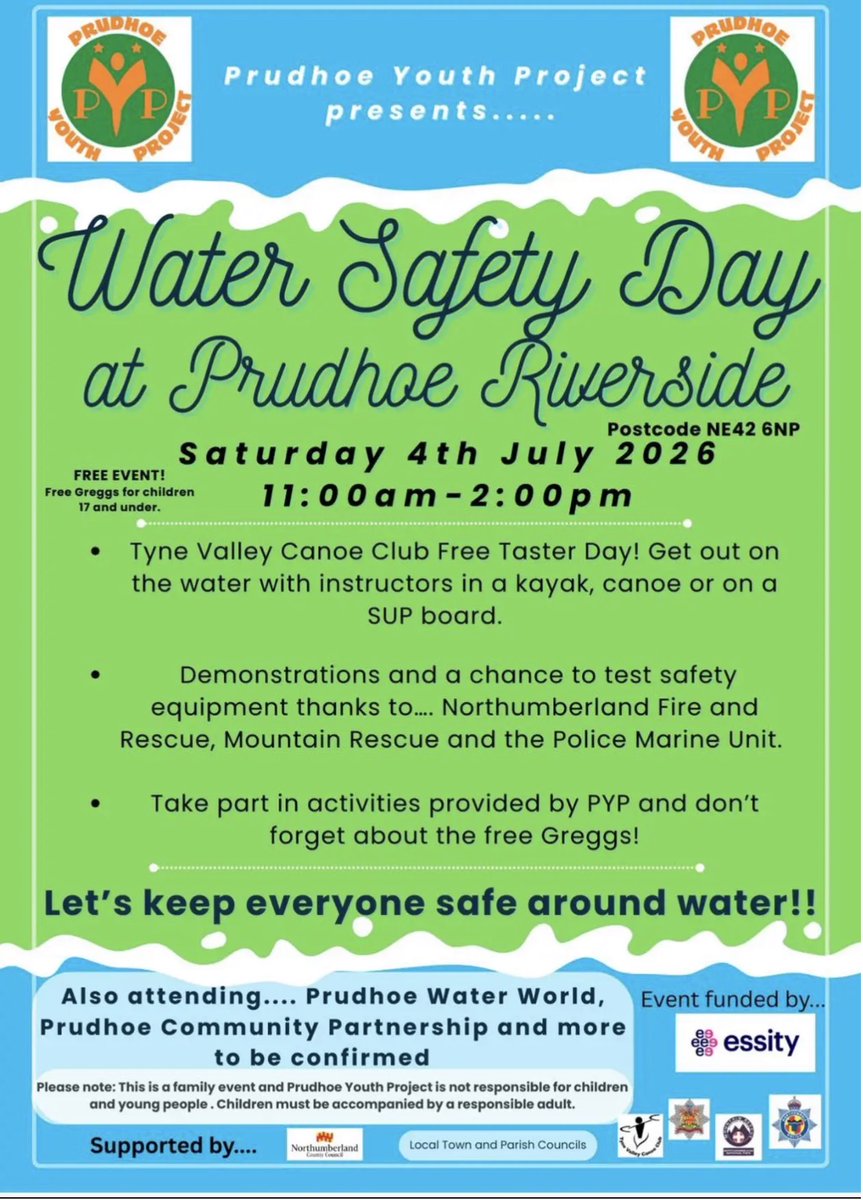 NlandFRS's tweet photo. TODAY- Join us for water safety day in Prudhoe!

📅 Saturday 4 July 2026
🕚 11:00am - 2:00pm
📍 Prudhoe Riverside (NE42 6NP) https://t.co/HFBIEbx2S9