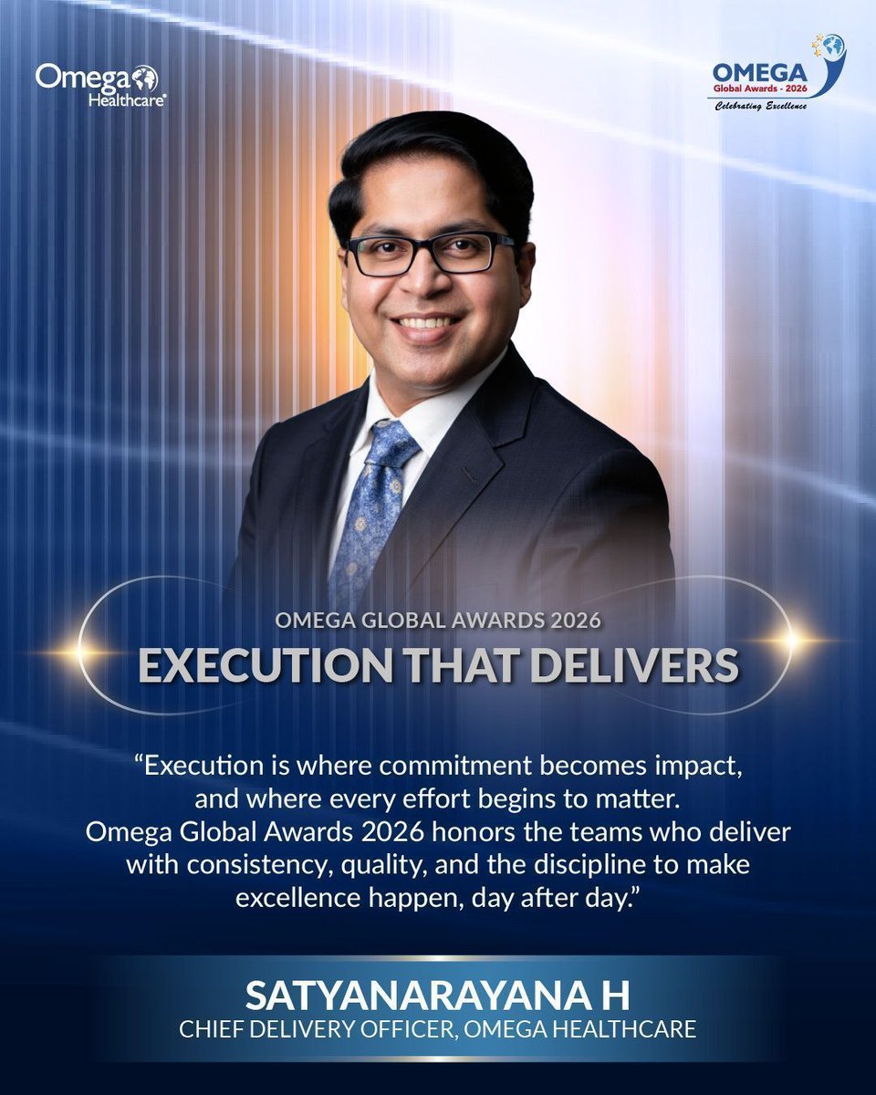 Omega_HMS's tweet photo. With our Chief Delivery Officer, Satyanarayana H, we celebrate Omega Global Awards 2026, a recognition of the teams and delivery excellence that help turn ambition into impact. 

#OmegaGlobalAwards2026 #OGA2026 #OmegaHealthcare #ExecutionExcellence #Leadership #TeamExcellence https://t.co/g4Eg8bGdLL