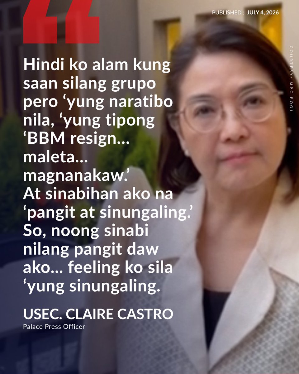 gmanews's tweet photo. ‘SINABIHAN AKO NA PANGIT’

Bumuwelta si Palace Press Officer Usec. Claire Castro sa mga kumuyog umano sa kanila habang nagtatrabaho sa Vancouver, Canada, na tinawag pa umano siyang “pangit.”

“So, noong sinabi nilang pangit daw ako... feeling ko sila ‘yung sinungaling,” saad niya.

Bisitahin ang https://t.co/KqDTBMbm15 para sa iba pang updates.