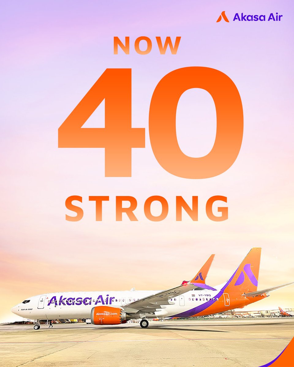 AkasaAir's tweet photo. We are proud to welcome VT-YBQ, our 40th aircraft to the growing Akasa fleet, thereby reinforcing the pace and consistency of our expansion since commencing operations in August 2022.

This milestone reflects much more than fleet growth. It represents disciplined execution, operational excellence, the trust of our customers, and the unwavering commitment of all Akasians and partners who continue to make this journey possible.

With 226 Boeing 737 MAX aircraft on firm order and 186 more deliveries planned over the next six years, we remain focused on building a future-ready airline that combines scale with an exceptional customer experience.

As India's aviation market continues to grow, Akasa Air is committed to playing a meaningful role in shaping its future and remains on track to become one of the world's top 30 airlines by the end of this decade.