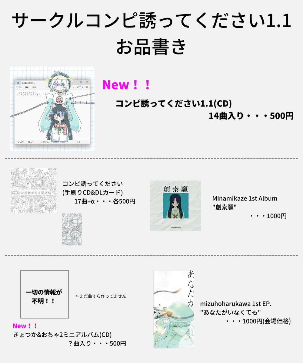 invite__us's tweet photo. 【お品書き】
#ボーマス63 B-30にて参加するサークル「コンピ誘ってください1.1」のお品書きです！

当日はお待ちしております！入口から一番近いスペースになってます！ https://t.co/drBdYYZjV9