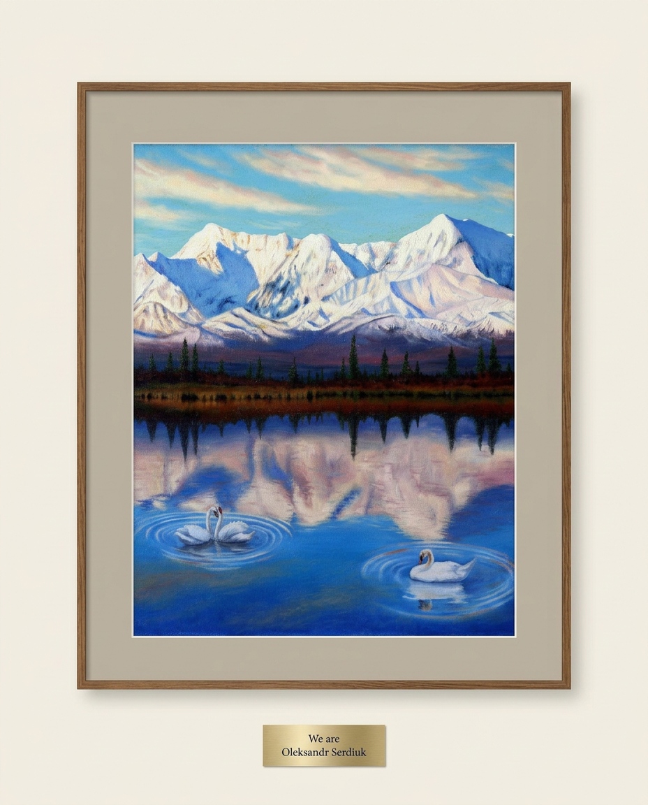 AlivePicture_'s tweet photo. Some paintings do not shout. They just sit with you like cold blue water and a soft sky. In Serdiuk's We are the mountains feel huge but the two swans #AlivePicture #MuseumCode #OleksandrSerdiuk https://t.co/E3UsF4SEDh