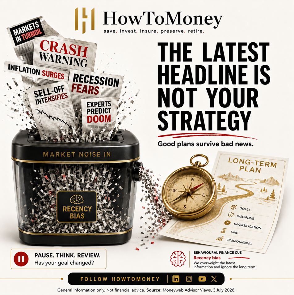 HowToMoneySA's tweet photo. The latest headline is not your strategy.
Markets move. Headlines shout.
But your long-term plan should not change every time the news cycle gets louder.
Money habit: pause before reacting.
Ask:
Has my goal, time horizon, plan changed?
#HowToMoney #Investing #PersonalFinance https://t.co/CwEGRxvXDp