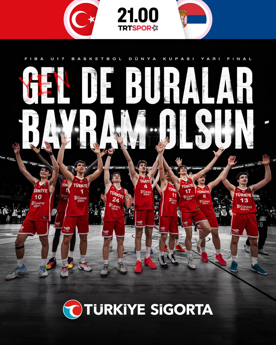 trtsporyildiz's tweet photo. 🏀 U17 Milli Takımımız, FIBA Dünya Kupası'nda final için sahaya çıkacak! 

🇹🇷Türkiye 🆚 Sırbistan🇷🇸

📆 Bugün, 🕘 21.00
📺 @trtsporyildiz 

Türkiye Sigorta Başarılar Diler.

Güvencen arkanda her adımda #türkiyesigorta

@Turkiye_Sigorta

#işbirliği https://t.co/UR7S6hWcX0