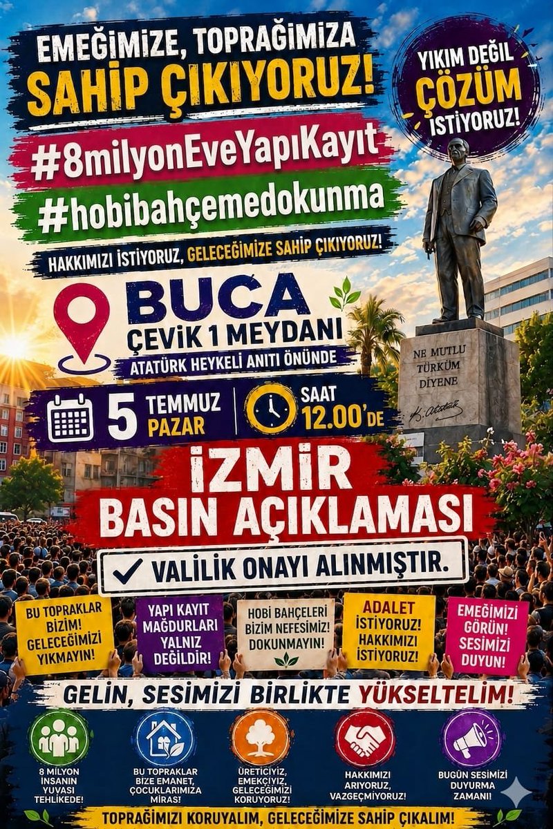 Ebuhamza22's tweet photo. 5 temmuz da hobi bahçeleri ve yapı kayıt mağdurları izmir Buca çevik1 meydanı saat  12.00 basin açıklamamız a herkesi bekliyoruz #YapıKayıtİzmirBucada @Akparti @herkesicinCHP @haciykk @diyadinosman @samiltayyar27 @GaffarYakinca @murat_kurum @cenginyurt52 @CYAZMAC @pinaryaziyor https://t.co/t3QjUhoyzz