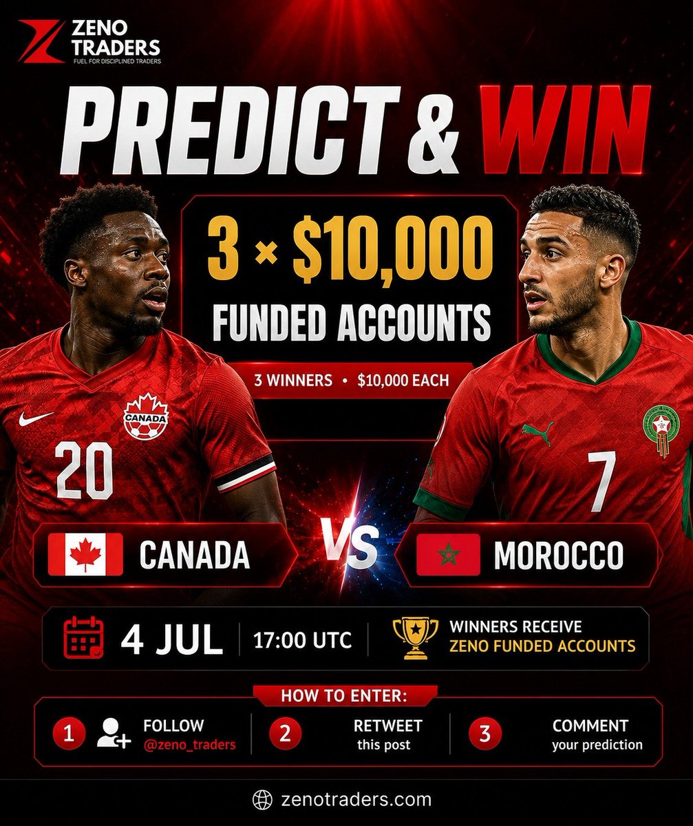 zeno_traders's tweet photo. ⚽ Canada 🇨🇦 vs Morocco 🇲🇦 - Predict & Win

🏆 3 × $10,000 Zeno Traders Funded Accounts up for grabs.

Match Winner Prediction Only.

📅 4 July 

How to enter:

1️⃣ Follow @zeno_traders  
2️⃣ Repost this post 
3️⃣ Comment who wins:
🇨🇦 Canada or 🇲🇦 Morocco 

🎯 Winners will be selected from the correct predictions.

Good luck, traders. 🔥

#ZenoTraders #PredictAndWin #ZenoTrader #Canada� #Morocco� #FIFA