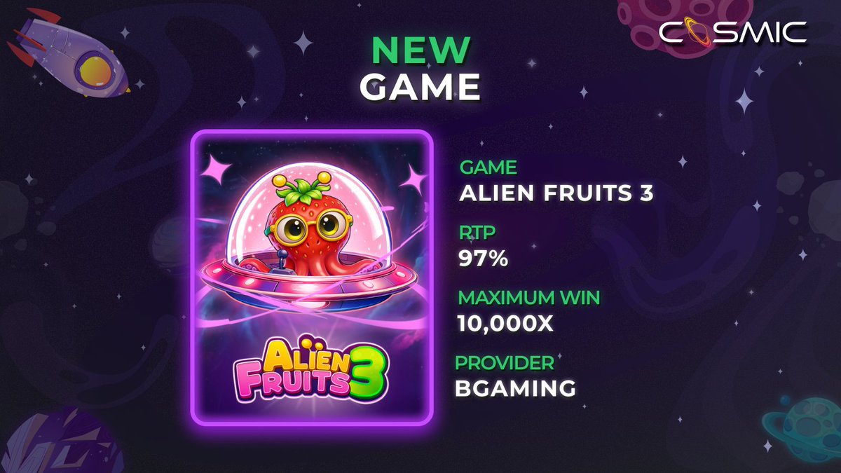 SlotCosmic's tweet photo. 👾 Alien Fruits 3 just landed at CosmicSlot, and these aren't your average reels 🚀 97% RTP, 10,000x max win, straight from BGaming. See what the signal brought in! 🎯

👉 https://t.co/LV3T2XmpfU https://t.co/PLI7UCt3bm