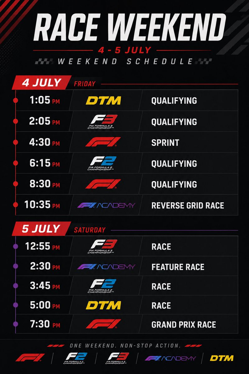Aaaaalphaaaa's tweet photo. For the few Indian motorsport fans out there 
Here is the schedule for the upcoming races you can watch on #fancode
No need to thank me 
It’s a really busy weekend. 
Indians on grid:
@ArjunMaini is racing in DTM
@kmainiofficial is racing in F2. 
And Lindblad in F1. 
#f1 #dtm #f2 https://t.co/1WkVzzTBdK