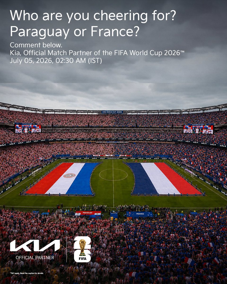 KiaInd's tweet photo. Every match has the power to inspire. Every fan has a team to believe in.​

Who's taking this one? Paraguay or France? Tell us  in the comments and join Kia, Official Match Partner of the FIFA World Cup 2026™, as Inspiration Connects Us
All.​

#KiaWalkWithChampions https://t.co/4H5loEJEN2