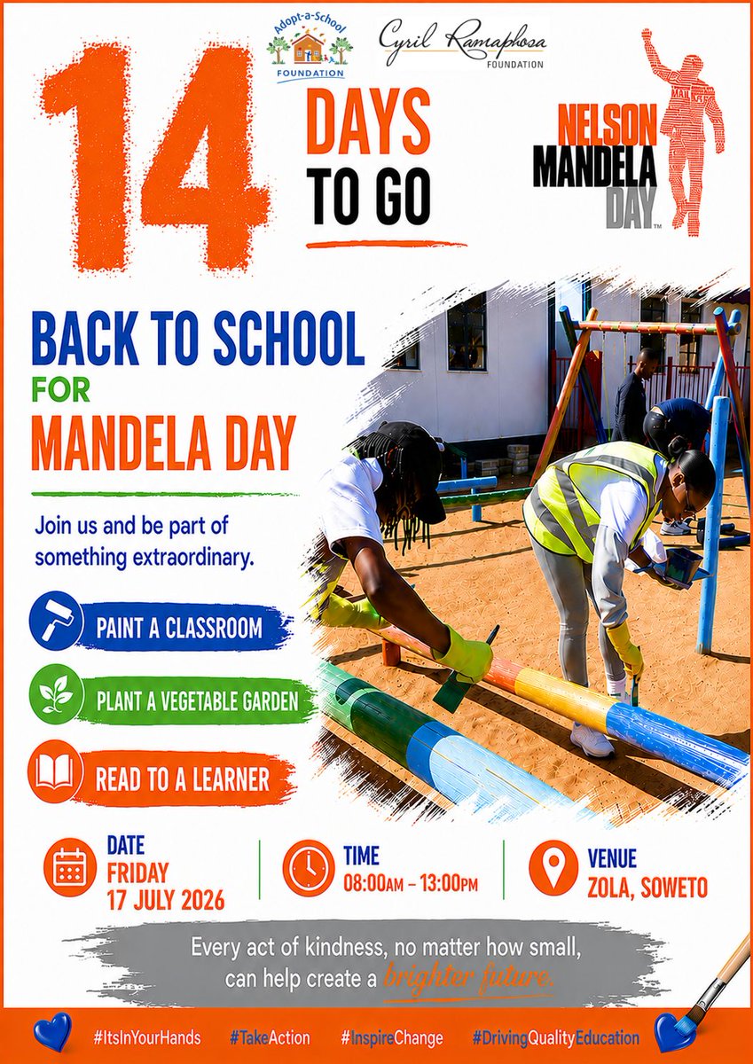 AdoptaSchoolSA's tweet photo. [THREAD]
In just two weeks, classrooms will be transformed, a vegetable garden will take root, and stories will be shared with learners whose futures matter. Mandela Day is more than a date on the calendar. https://t.co/mgOe8KANCT