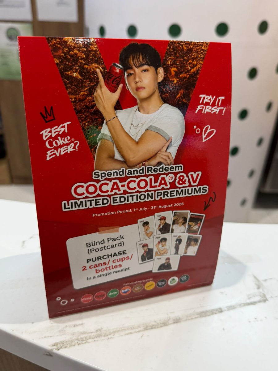 Tae_Singapore's tweet photo. Kim Taehyung is literally EVERYWHERE in Singapore right now! 🇸🇬💜

Coca-Cola x Kim Taehyung goodies are now available at the following stores. Grab yours while stocks last! 

UPDATED: ✔️
RAINFOREST Singapore Zoo
Fish & Co (Waterway Point)
First Bowl
MOS Burger
Coke Vending Machines
Coca-Cola official Shopee
Wingstop
KFC
Twyst Pasta
Fish&Co (Rail Mall)
Shiok Burger
Golden Village
Pepper Lunch
Krispy Kreme
7-11

TAEHYUNG COCA COLA AMBASSADOR  
KIM TAEHYUNG X COCACOLA   
#TaehyungxCocaCola 
#VxCocaCola