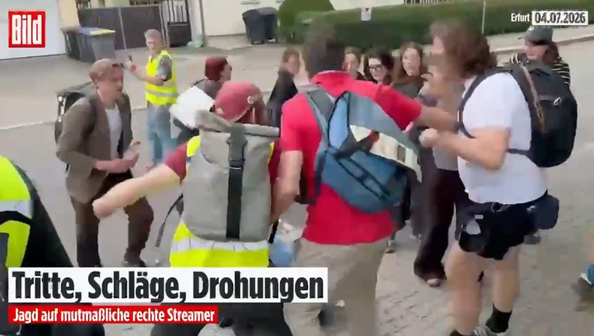 jreichelt's tweet photo. Journalisten von Apollo werden in Erfurt von militanten Linksextremisten zusammengeschlagen und am Boden liegend gegen den Kopf getreten und BILD macht daraus "Jagd auf mutmaßliche rechte Streamer". Das ist alles nicht mehr zu begreifen. https://t.co/aelHrL6pqL