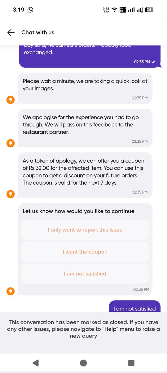 Micro2308's tweet photo. @SwiggyCares Received incomplete order.Even Hotel confirmed on call with support and asked to initiate a refund for missing food but you are providing a 30rs coupon. How fair is it?Refund it to my account for missing food or send food.ORDER #242122610174051 #Swiggy @fssaiindia https://t.co/kPIraR068o