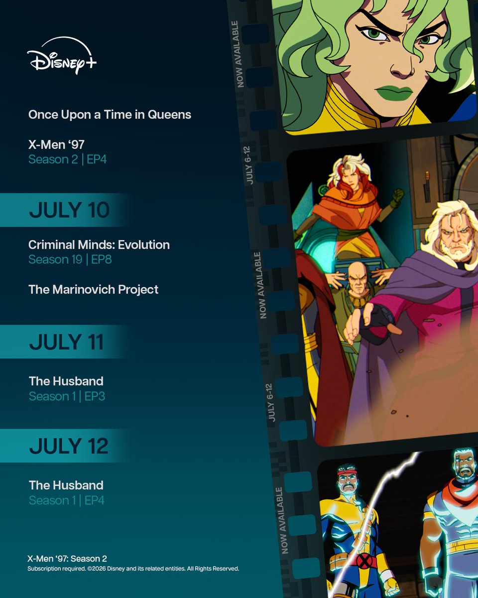 disneyplusph's tweet photo. Hold onto your seats for new eps to catch up on, and new binge-worthy seasons to enjoy! July is just getting started on #DisneyPlusPH #DoctorOnTheEdge #KingAndPrinceOurMeetUpInLA #Bluey #CriminalMinds #OnceUponATimeInQueens #TheHusband #결혼의완성 #XMen97 #TheMarinovichProject https://t.co/R8MbFGJBGZ
