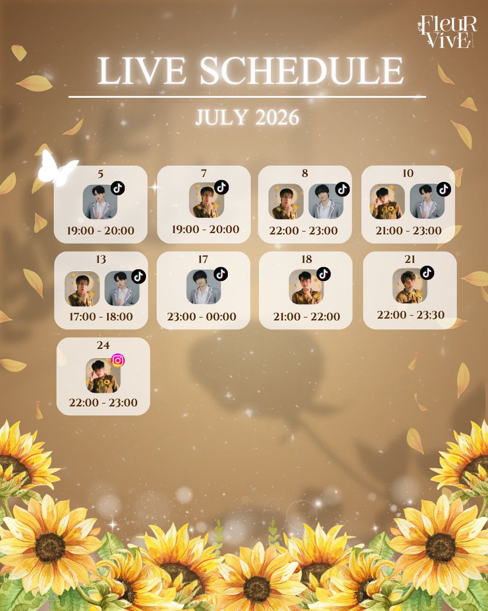 Fleurvive_'s tweet photo. 「FLEURVIVE LIVE SCHEDULE💐」

JULY 2026

ตารางไลฟ์เดือนกรกฎาคมของหนุ่มๆ FleurVive นะครับ ทุกคนสามารถเข้าไปพูดคุยให้กำลังใจกับหนุ่ม ๆ กันได้นะครับ💐

#FleurViveOfficial #FleurViveIdol #FleurVive #หนุ่มดอกไม้ https://t.co/FIXYSLwAA4