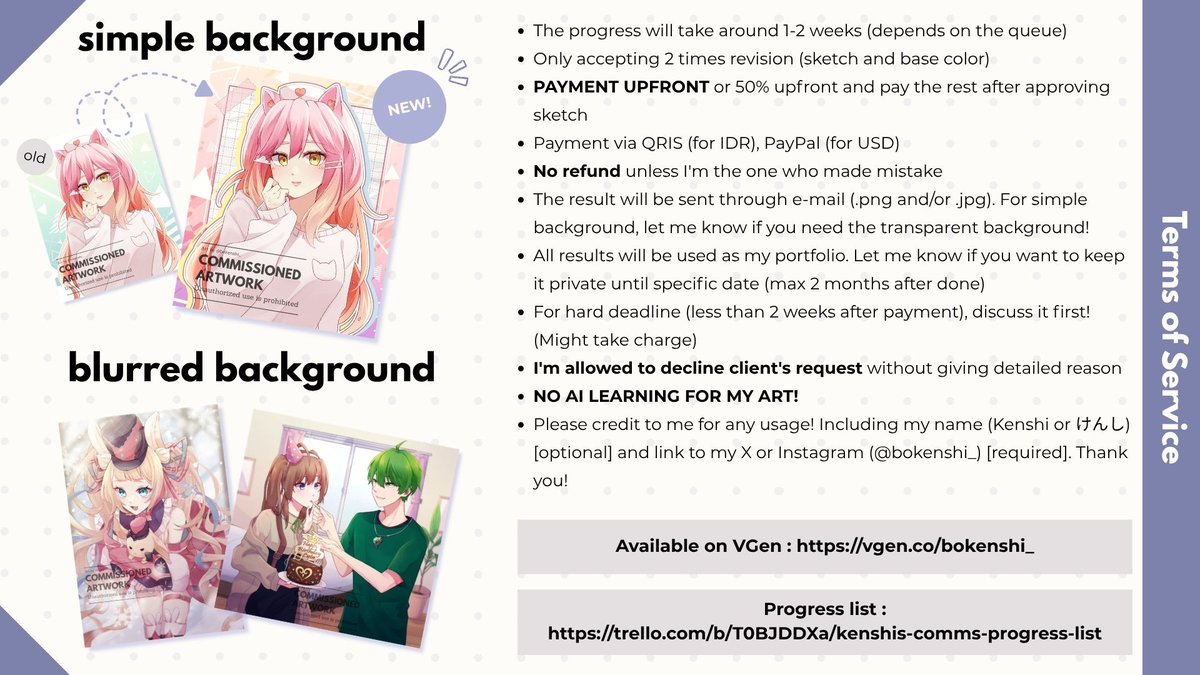 BOKEnshi_'s tweet photo. Hi, my illust comms services are available |ω･`)ﾁﾗﾘ

I'm accepting for local🇮🇩 and international
Also available on #VGen : https://t.co/PzeaHEYZLk More info &amp; samples : https://t.co/TbN07np8Zb
Feel free to dm me if you're interested _(:з)∠)_

I'll add other service on reply https://t.co/QBsJ94Pk58