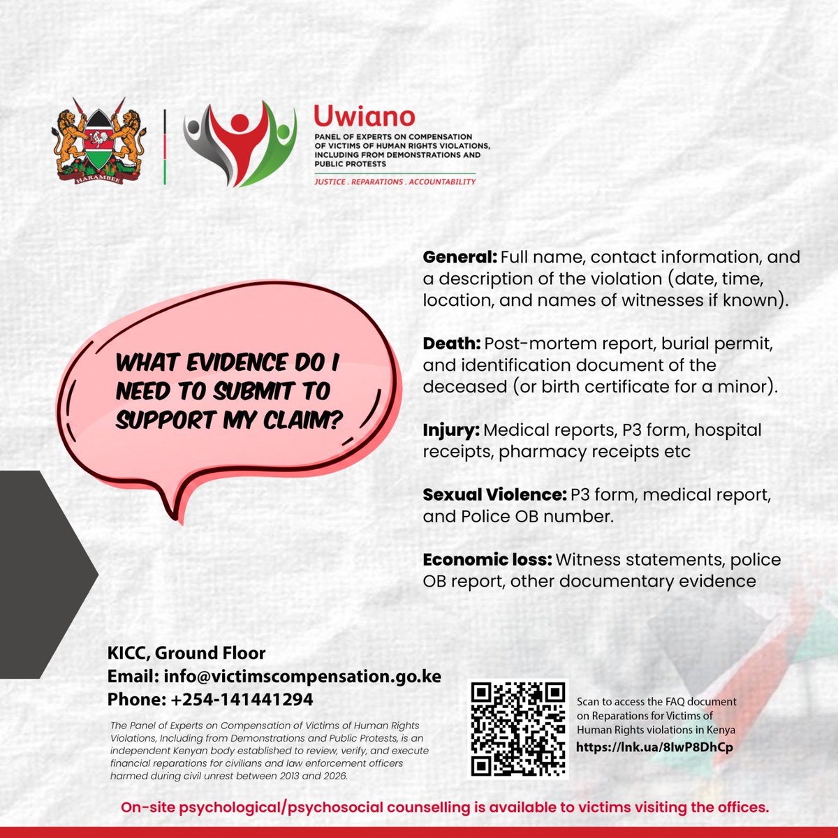 MRSMuruguu's tweet photo. The #VictimsCompensation program is open to eligible victims of human rights violations arising from demonstrations and public protests between 2013 and 2026.
Haimaanishi ni raia pekee, hata law enforcement officers who suffered physical, psychological, emotional or economic harm. Applications are assessed individually through an independent verification process.