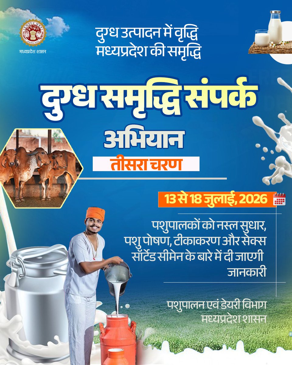 mp_husbandry's tweet photo. दुग्ध उत्पादन में वृद्धि, मध्यप्रदेश की समृद्धि 

दुग्ध समृद्धि संपर्क अभियान का तीसरा चरण 

13 से 18 जुलाई 2026 

#दुग्ध_समृद्धि_संपर्क_अभियान
#MadhyaPradesh https://t.co/NtBELj3TWj