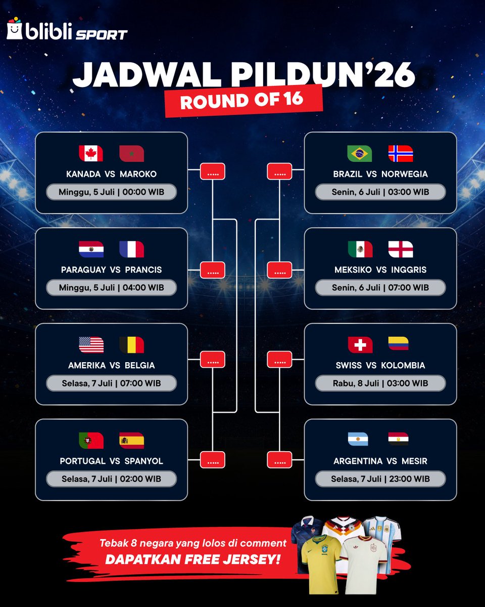 idextratime's tweet photo. 🚨 HERE WE GO! Jadwal babak 16 besar sudah resmi dirilis! 🌍🔥

Mau jersey Pildun GRATIS? Caranya gampang! 👇

✅ Follow @bliblidotcom
✅ Tebak 8 negara yang akan lolos ke babak 16 besar di kolom komentar.

Satu pemenang yang berhasil menebak dengan BENAR akan dipilih secara acak dan berhak membawa pulang jersey gratis dari #BlibliSport! 🎁

Yuk, ikut sekarang! 👀
#CekDuluDiBlibli #NoBlablaDiBlibli
