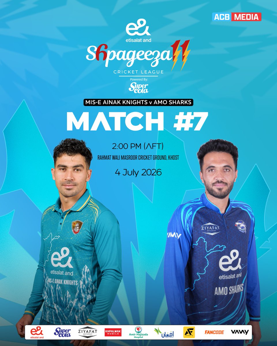 ACBofficials's tweet photo. 𝐍 𝐄 𝐗 𝐓  𝐌 𝐀 𝐓 𝐂 𝐇 ⚔️

🏆 e& Shpageeza Cricket League 2026, Powered by SuperCola
🏏 Match #7: Mis-e-Ainak Knights 🆚 Amo Shakrs
🕘 2:00 PM (AFT)
📆 Saturday, July 4
🏟️ Rahmat Wali Masroor National Cricket Stadium, Khost

#Shpageeza | #SCLXI | #e& – Go for More | #SuperCola – Share the Love