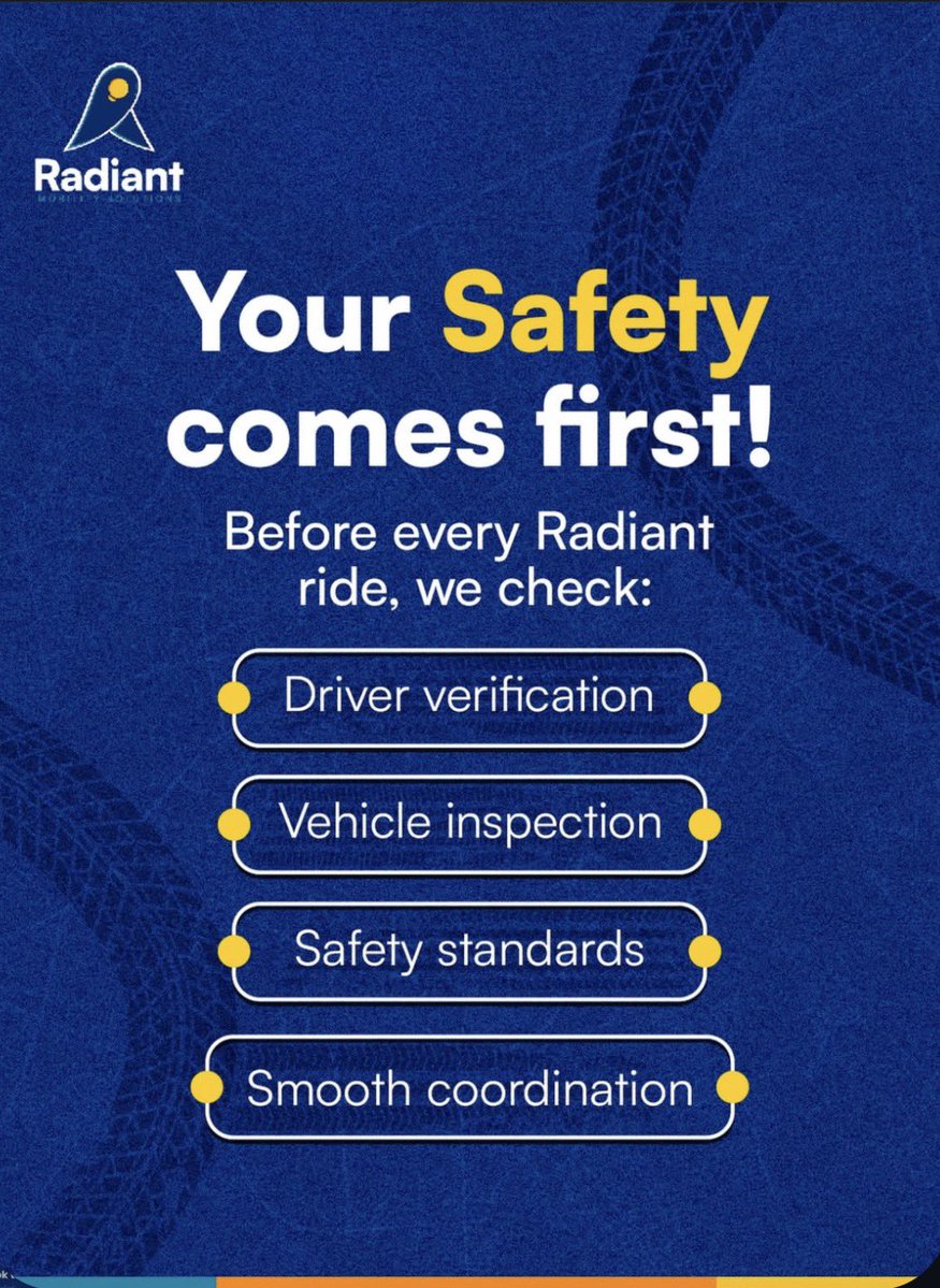Ayo_499's tweet photo. Whether it’s a family trip, city trip, interstate or inter-country, you can travel in comfort, safety & style with Radiant Mobility Solutions🚗
✅ Fully insured | ✅ Experienced Anchors| ✅ Book in minutes

City. Interstate. Inter-country. We’ve got you covered @RadiantMobility 

Book below ⬇️
https://t.co/cBUXdWFprx