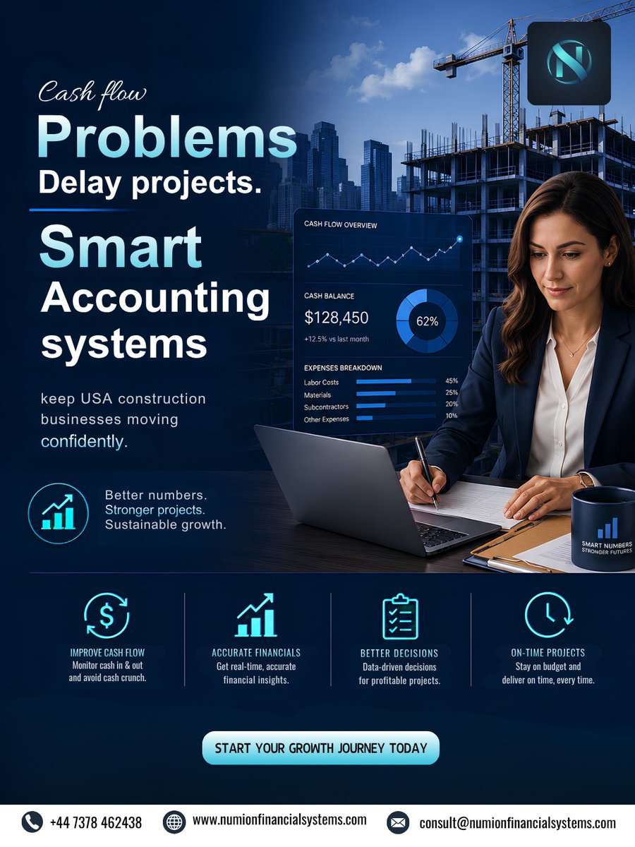 NumionFinancial's tweet photo. Cash flow issues delaying projects? Improve profitability with smart accounting solutions from Numion Financial Systems.
 📊 https://t.co/N7UCVuVi6C 

#Accounting  #ConstructionAccounting https://t.co/RI5YOfcTd7