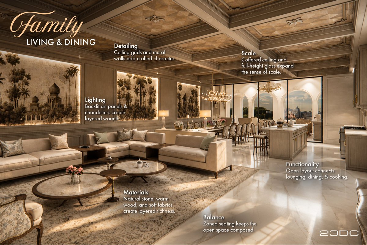 23DC_Architects's tweet photo. Designed by @23dc_architects, this 1.3-acre residence in #Ambala explores what truly makes interiors feel premium. Scale, light, materiality, balance, detailing and function come together quietly to create spaces that feel grand, warm and effortless. https://t.co/OqJw4Ie6Os