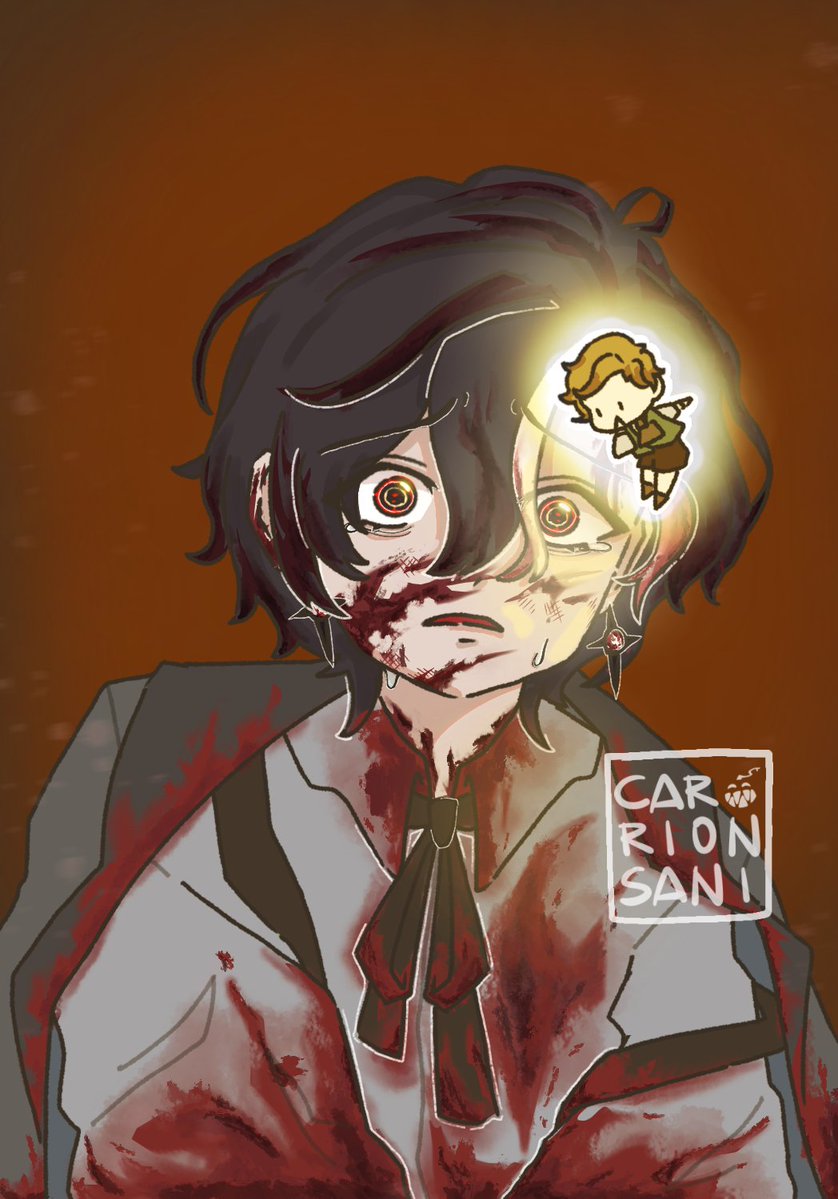 carrionsani's tweet photo. i really love working on this art so i want to show other versions: with sol and dead eye version 🙏 
(kid luci is so precious TT hes just a kid.. why is your lore like this..) https://t.co/UNqsTDXIRo
