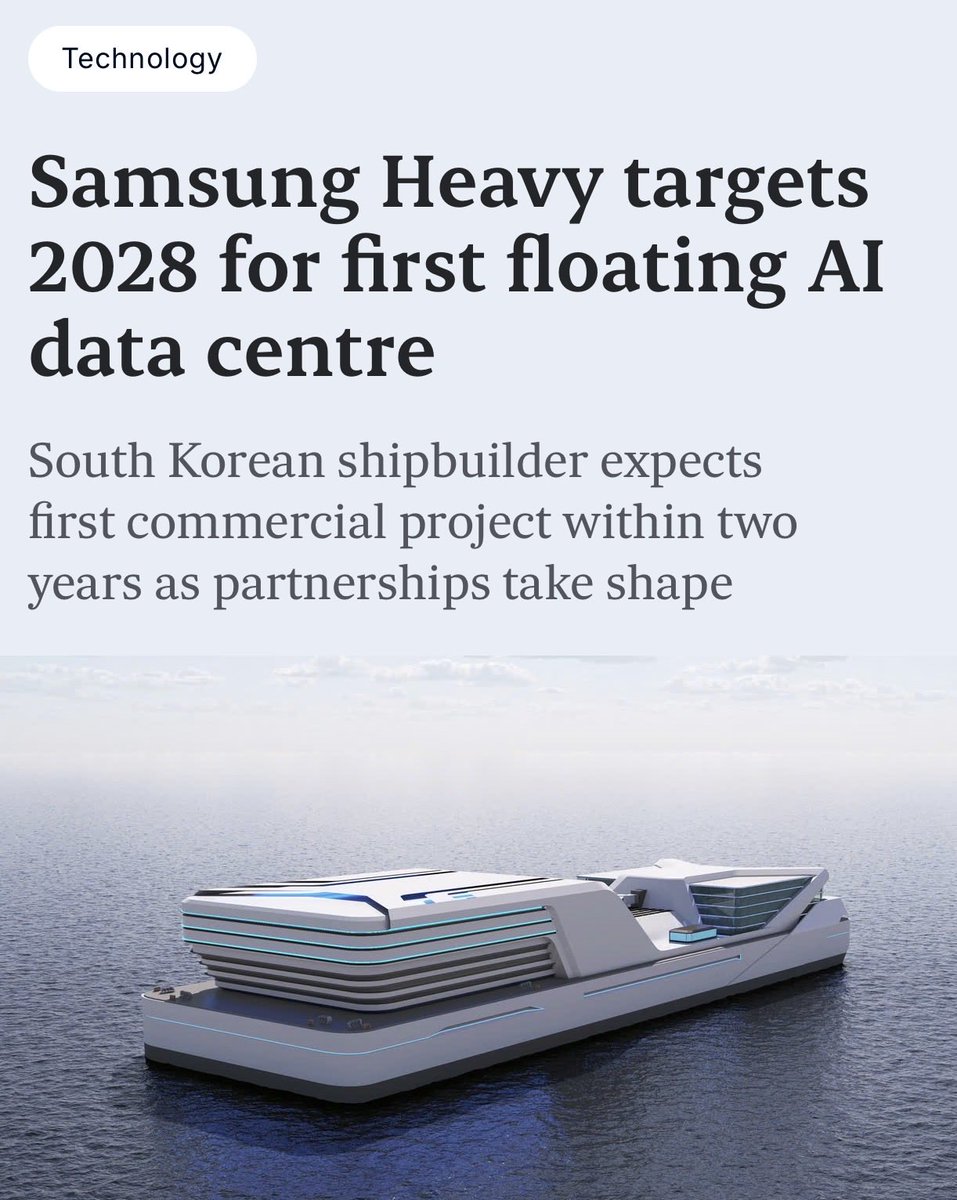 aleabitoreddit's tweet photo. TIL floating DC and ocean compute exists?

Apparently it’s free cooling + optimal for places in tight geography…

It’s going to be wild taking a cruise ship, and passing by a bunch of $NBIS or Samsung floating AI DCs one day.

If this ever becomes a thing like orbital compute? https://t.co/Ki2RqNc2xT