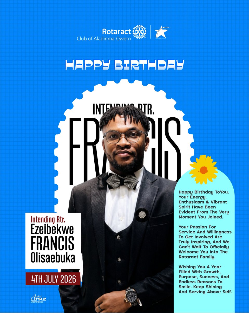 RACAladinma's tweet photo. Happy birthday Intending Rotaractor Ezeibekwe Olisaebuka; You've shown strength and commitment since the day you joined.

We wish you a year filled with growth, fulfilment and Happiness.

Happy birthday!!! https://t.co/Jv6rLEzgHl