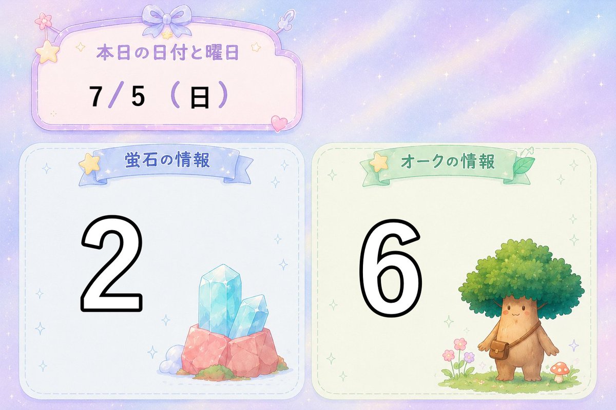 kumartopia's tweet photo. 本日7/5(日)の日替わり情報です！
今日からホエールシーズンの最初までは日付、蛍石、オークの情報のみに限定した上で発信していきます。

#ハートピア https://t.co/UmsXNHpTQP