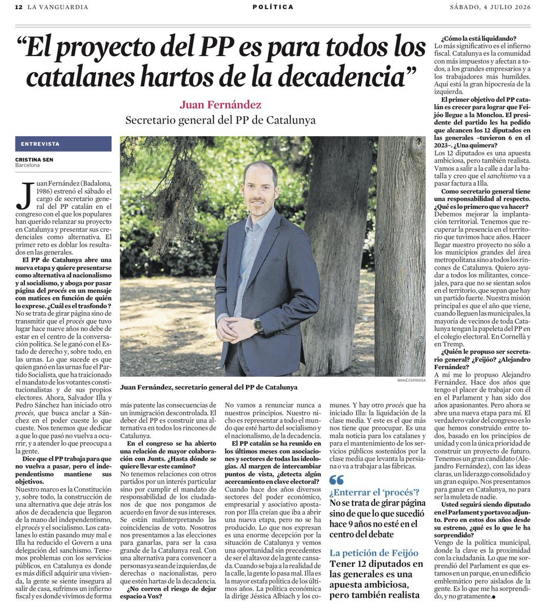 JuanFernandezB's tweet photo. 🗞️ Comparto con vosotros la entrevista que me ha hecho @LaVanguardia.

Hablamos del presente y del futuro de Cataluña, y del proyecto del PP para ofrecer una alternativa a todos los catalanes. https://t.co/EuERTqLXZ4