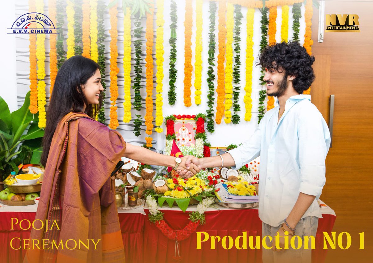 TheLeapKandula's tweet photo. The grand Pooja Ceremony marks the launch of #EVVCinema Production No.10 &amp; #NVREntertainments Production No.1.

Starring @HarshaRoshan7 &amp; @priyankaachar in an intense love drama inspired by a real-life story. ❤️‍🔥

Wishing the entire team a blockbuster journey! 💥 https://t.co/vu0yxnAeRQ