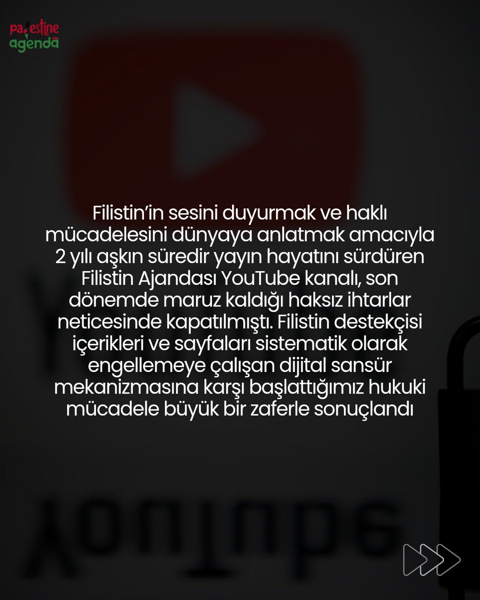 PalestinAgenda's tweet photo. "Dijital Sansüre Karşı Mücadele Zaferi"
Filistin Ajandası YouTube kanalı yeniden yayında!
https://t.co/O376xkAVQA https://t.co/9MgfwXpGFD