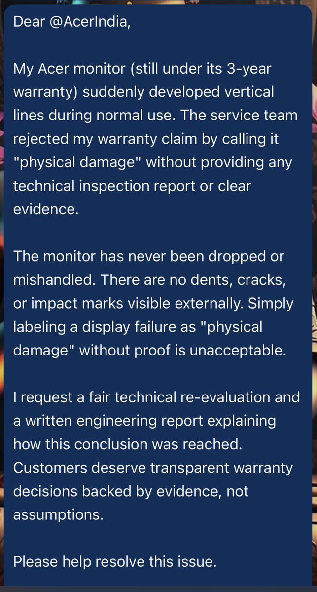 63lokesh's tweet photo. Dear @AcerIndia,

My Acer monitor (Under warranty) suddenly developed vertical lines during normal use. The service team rejected my warranty claim by calling it "physical damage" without any inspection

Please help.

@Acer_India @customerservice @Acer @constaff @jagograhakjago https://t.co/LWTVFEBpMZ