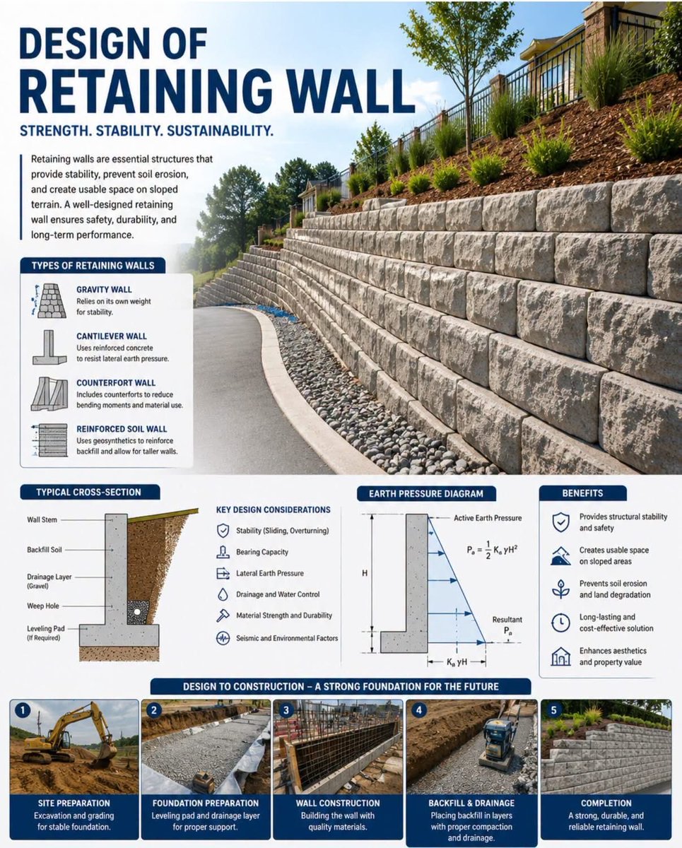 lawal_dahiru's tweet photo. Design of Retaining Wall
A well-designed retaining wall resists lateral earth pressure, prevents soil erosion, and ensures the long-term stability and safety of slopes, roads, and foundations.
#RetainingWall #CivilEngineering #StructuralEngineering #GeotechnicalEngineering #Construction #EngineeringDesign #SoilStability #EarthRetention #Infrastructure