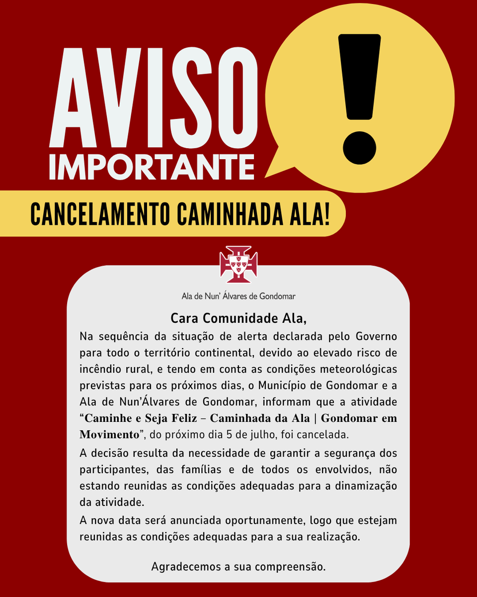 AlaGondomar's tweet photo. Cara Comunidade Ala,

A atividade “𝐂𝐚𝐦𝐢𝐧𝐡𝐞 𝐞 𝐒𝐞𝐣𝐚 𝐅𝐞𝐥𝐢𝐳 – 𝐂𝐚𝐦𝐢𝐧𝐡𝐚𝐝𝐚 𝐝𝐚 𝐀𝐥𝐚 | 𝐆𝐨𝐧𝐝𝐨𝐦𝐚𝐫 𝐞𝐦 𝐌𝐨𝐯𝐢𝐦𝐞𝐧𝐭𝐨”, do próximo dia 5 de julho, foi cancelada.

A nova data será anunciada oportunamente.

Agradecemos a sua compreensão. https://t.co/likLczFduC