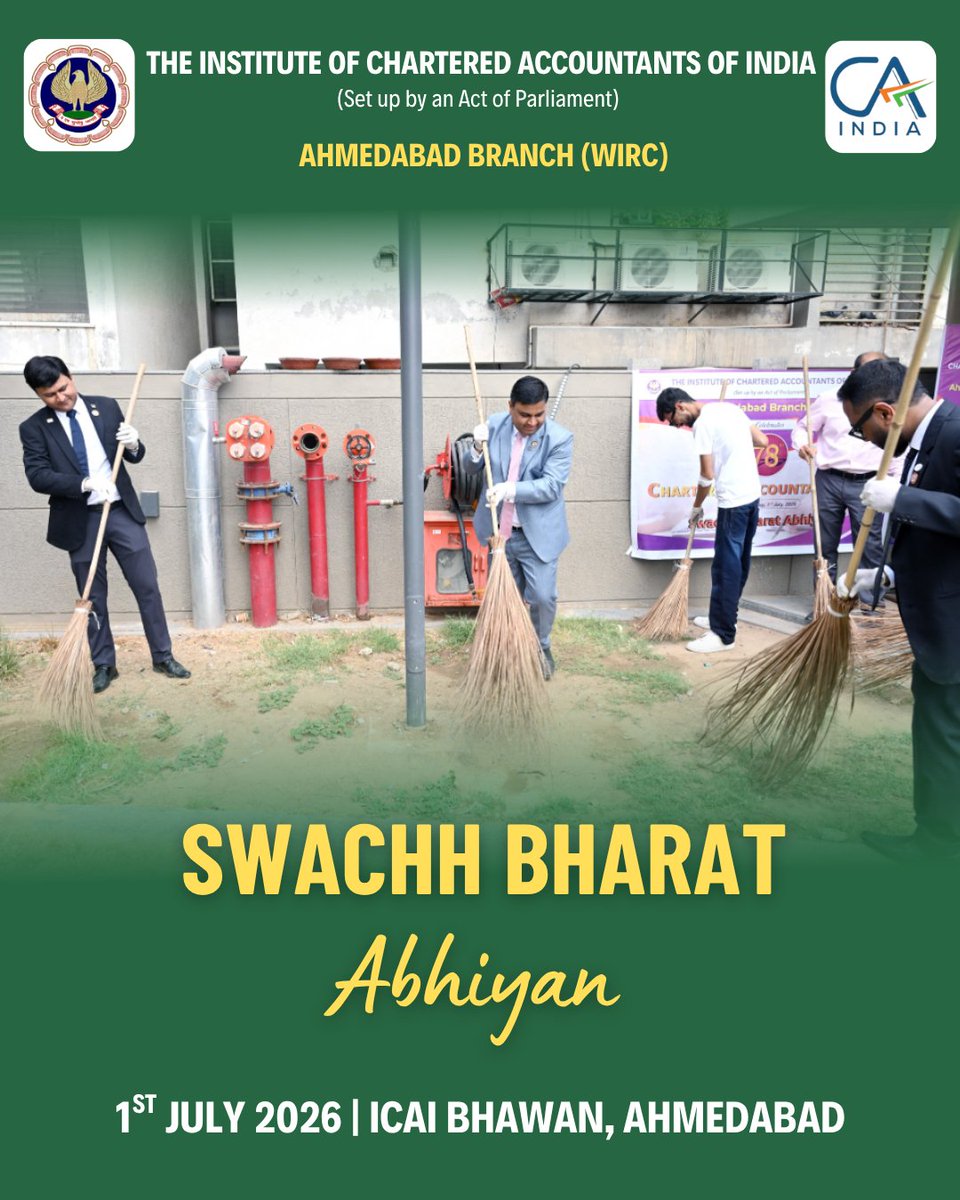 icaiahmedabad's tweet photo. 🧹 Commemorating CA Day with a spirit of service! @ICAIAhmedabad organized a Swachh Bharat Abhiyan Felicitation Ceremony at ICAI Bhawan on 1st July to honor our dedicated cleanliness warriors. Deeply grateful for their tireless efforts in keeping our community clean. 🇮🇳✨ #CADay https://t.co/whOG7HM9Rh