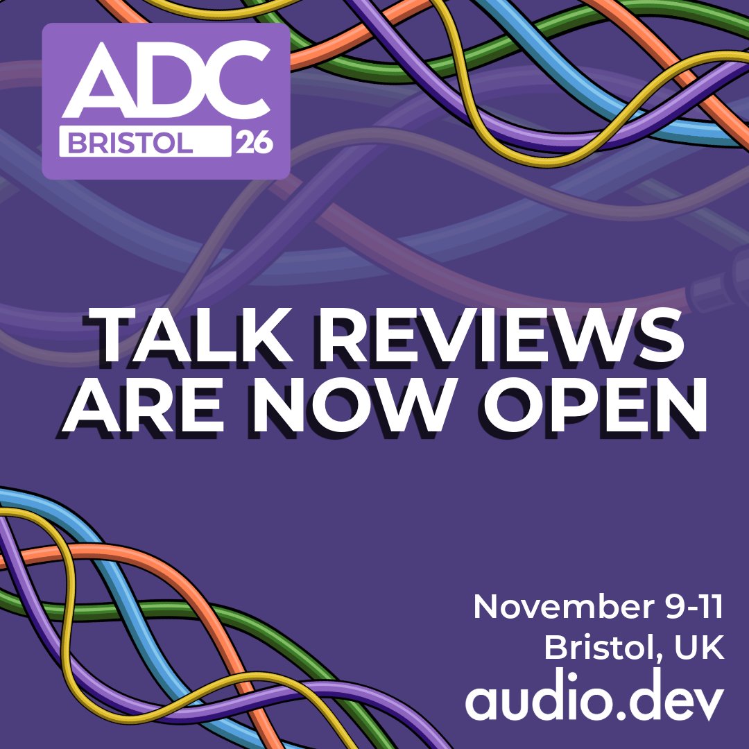 audiodevcon's tweet photo. Help shape the Audio Developer Conference program!

The ADC Bristol UK 2026 Community Review is now open. Review talk proposals, vote for your favorites, and help decide what takes the stage this November.

Comparative Reviews close July 17.

Get started: https://t.co/wSW98OFOd2 https://t.co/mP55HtmTvl