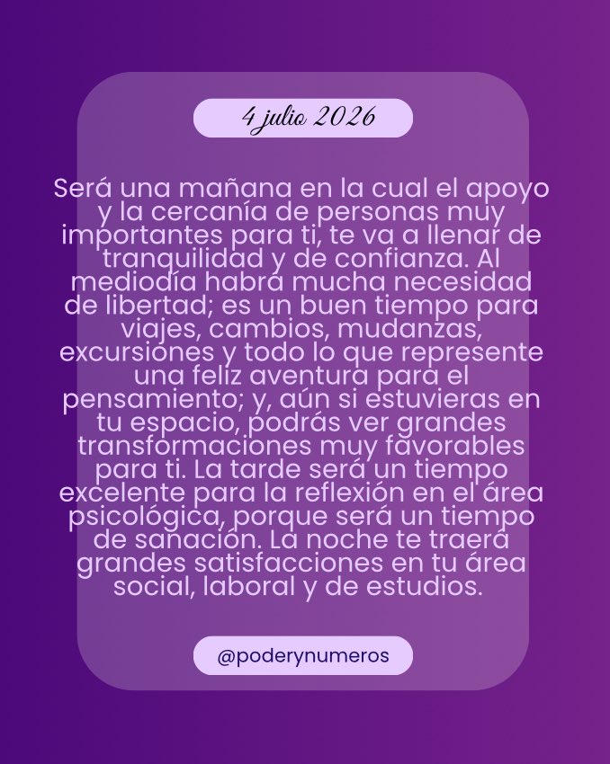poderynumeros's tweet photo. 4 de julio de 2026. Esquema numérico profundo de hoy. Guía para fluir con el universo. #fypシ゚ #conexión #alma #universo #reflexión #motivación #espiritualidad  #pitagoras #hoy #empoderamiento #energia #serfeliz #autoconocimiento #views #viral #consultasonline #4julio2026 https://t.co/A4HNE7STfr