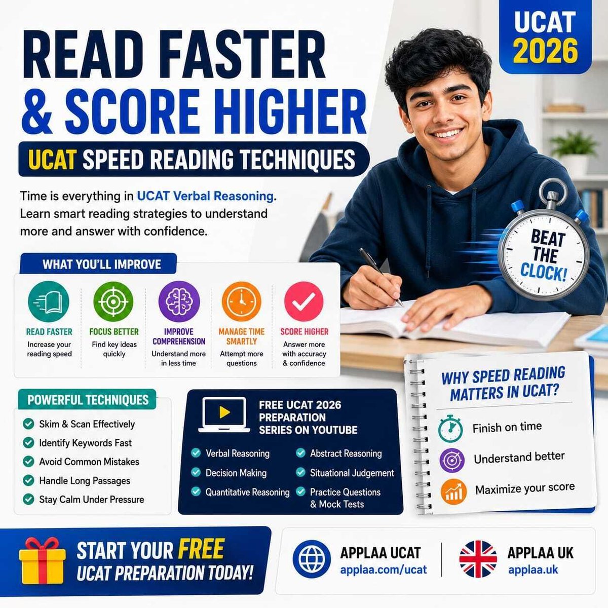 applaa_ai's tweet photo. Read Faster. Score Higher.
One of the biggest challenges in the UCAT Verbal Reasoning section isn't the difficulty of the questions—it's the time pressure.
Start your FREE UCAT Preparation with Applaa:
https://t.co/SOKqR50o2C
Visit Applaa UK:
https://t.co/bMTOuEkjDz

#ucat #ai https://t.co/W5YAtdkQ5M