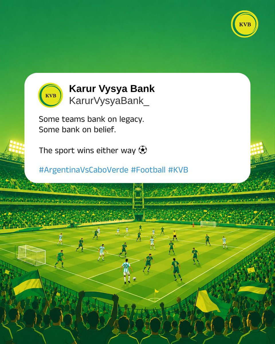 KarurVysyaBank_'s tweet photo. Some teams bank on legacy.
Some bank on belief.
The sport wins either way ⚽️
#ArgentinaVsCaboVerde #Football #KVB https://t.co/MKlLYIfZiI