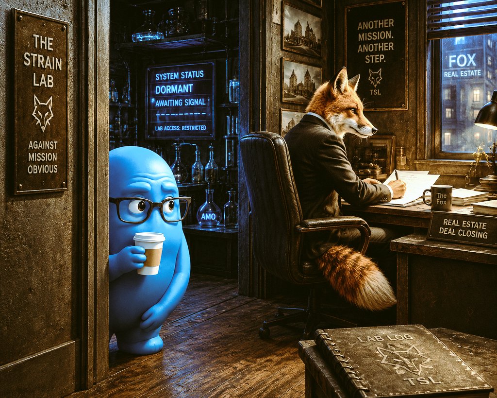 TheStrainLab's tweet photo. The Fox was busy closing a real estate deal.

AMO had finally understood.

Waiting mattered.

Preparation mattered.

Timing mattered.

But...

AgainstMissionObvious mattered too.

So AMO opened the Lab door.

And walked inside.

🧬

#TheStrainLab #AMO #Solana https://t.co/XtO01jVoDZ