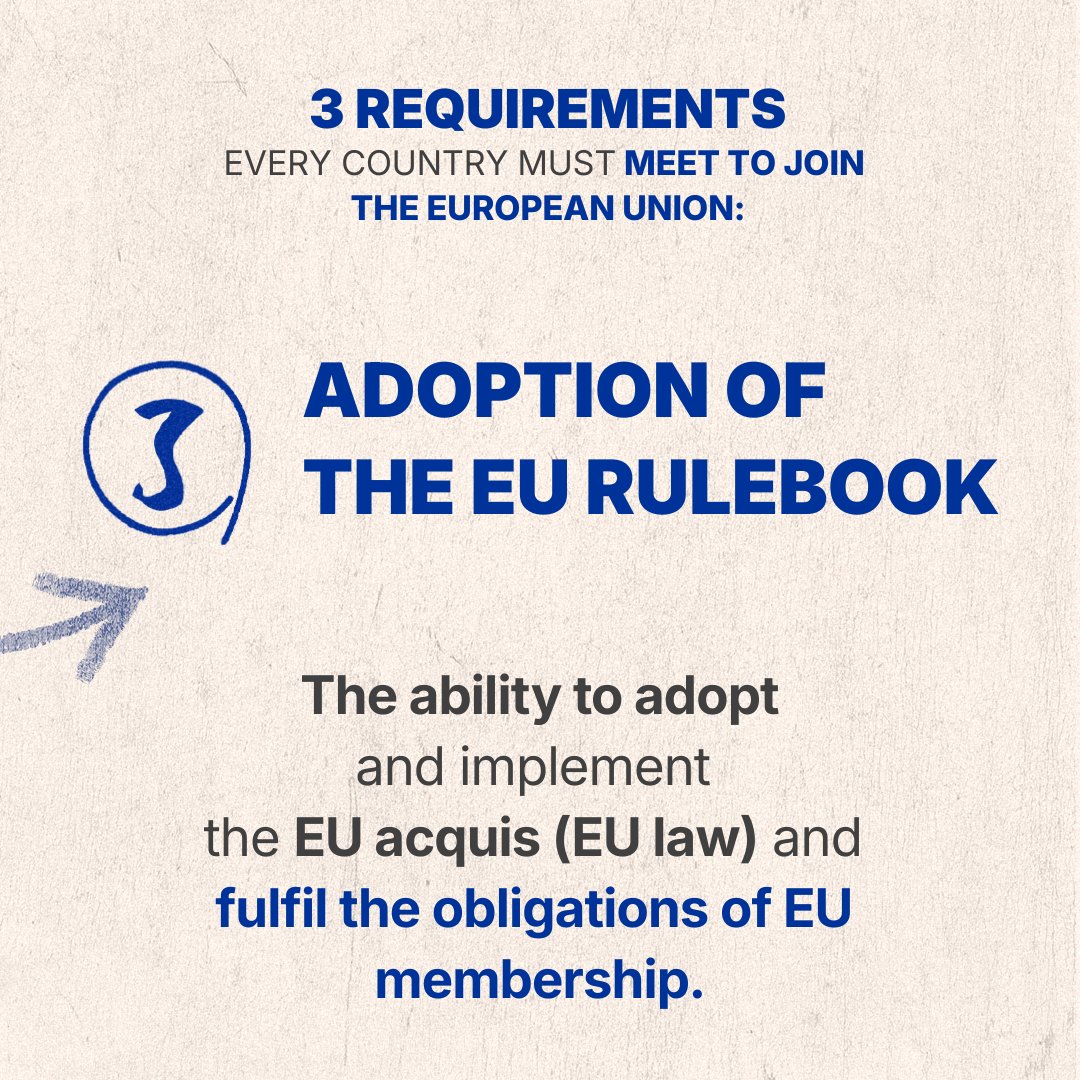 EU_Commission's tweet photo. Years of reforms, assessments, and negotiations. No shortcuts. 
 
Democracy. Rule of law. Market economy. Ability to implement EU law. 
 
Every candidate goes through the same process.
Read more here:
https://t.co/c3oYcgbdQd https://t.co/P3oXleV4QS