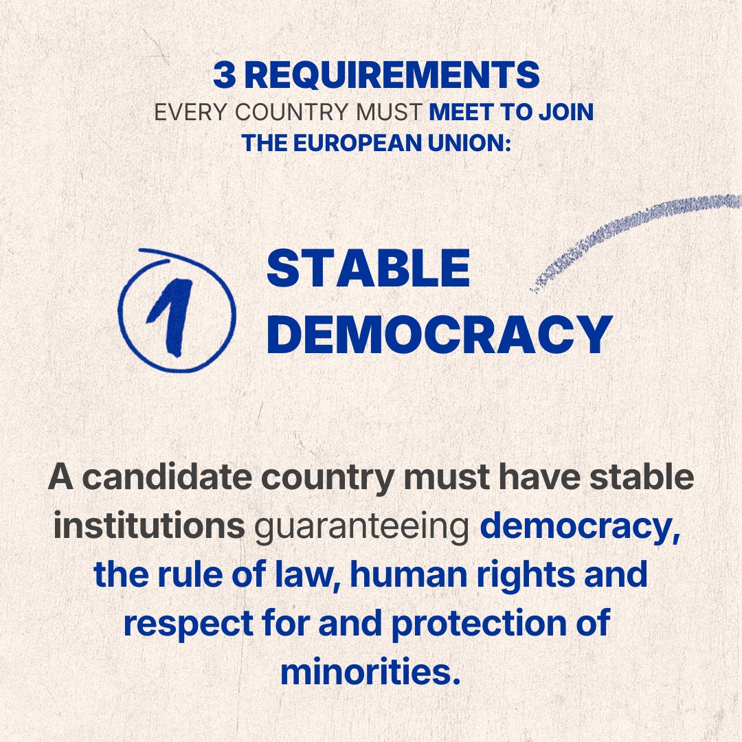 EU_Commission's tweet photo. Years of reforms, assessments, and negotiations. No shortcuts. 
 
Democracy. Rule of law. Market economy. Ability to implement EU law. 
 
Every candidate goes through the same process.
Read more here:
https://t.co/c3oYcgbdQd https://t.co/P3oXleV4QS