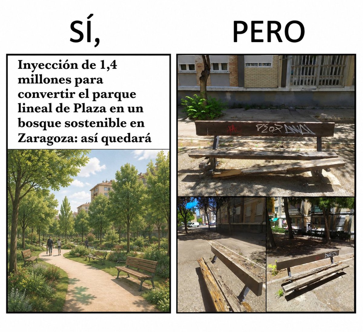 ElenaTomasBona's tweet photo. Zaragoza, según el PP: 🌳✨🌿
Zaragoza cuando sales a la calle: 🪑💀
El marketing municipal está impecable. Los bancos del Arrabal, bastante menos. https://t.co/FLJzn14h52
