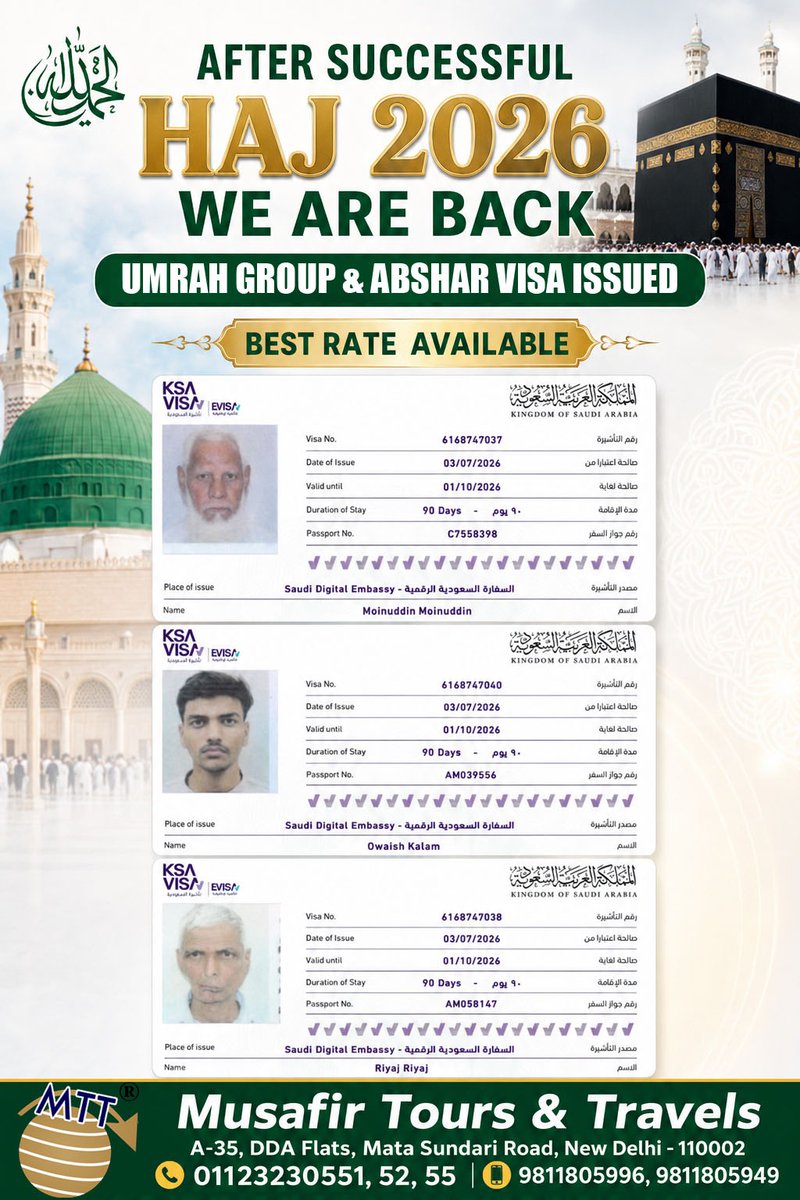 musafirind_com's tweet photo. AFTER SUCCESSFUL
HAJ 2026 WE ARE BACK, UMRAH GROUP &amp; ABSHAR VISA ISSUED
BEST RATE  AVAILABLE
KINDLY CONTACT US... https://t.co/XIrgdL7fEU
